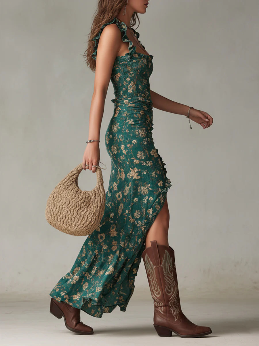 Shania - Boho-grünes Maxikleid mit Print und Rüschenärmeln