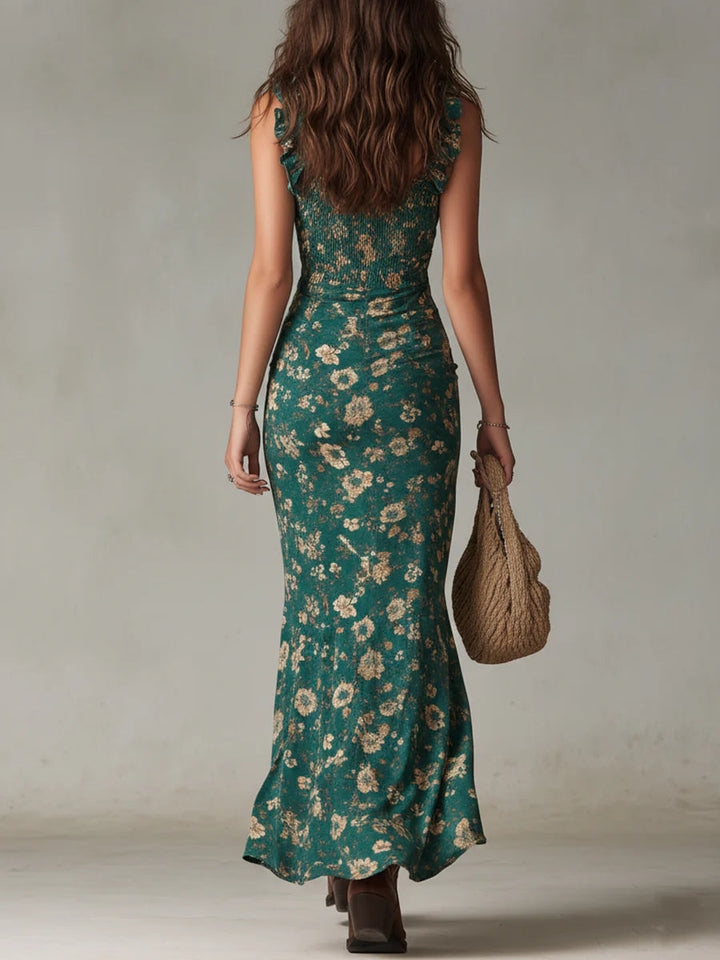 Shania - Boho-grünes Maxikleid mit Print und Rüschenärmeln