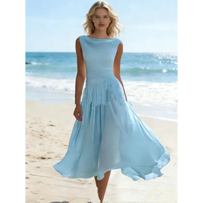 Chloé - Ärmelloses Midi-Kleid mit drapiertem Ausschnitt und Falten.