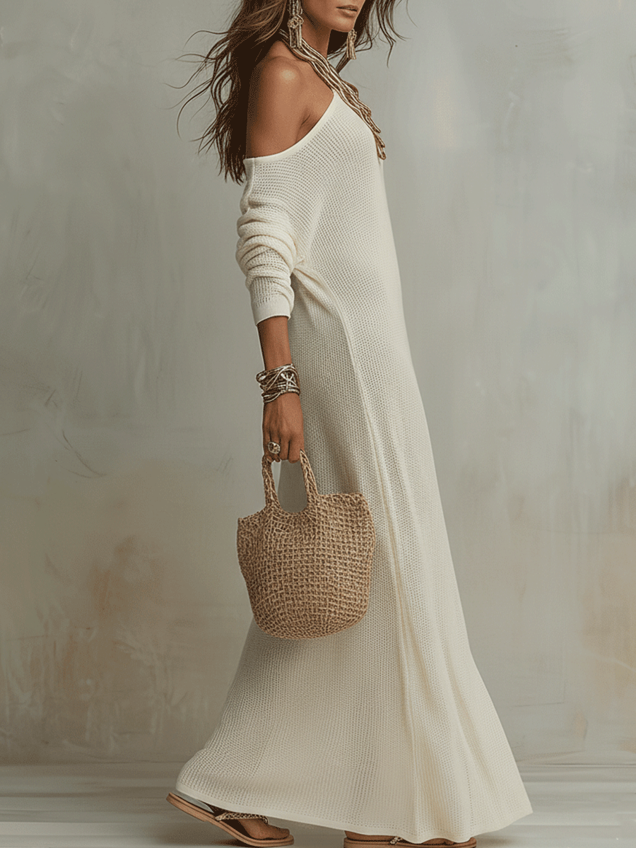 Gigi – Bohemianisches Maxi-Kleid mit One-Shoulder-Design und strukturierter Oberfläche