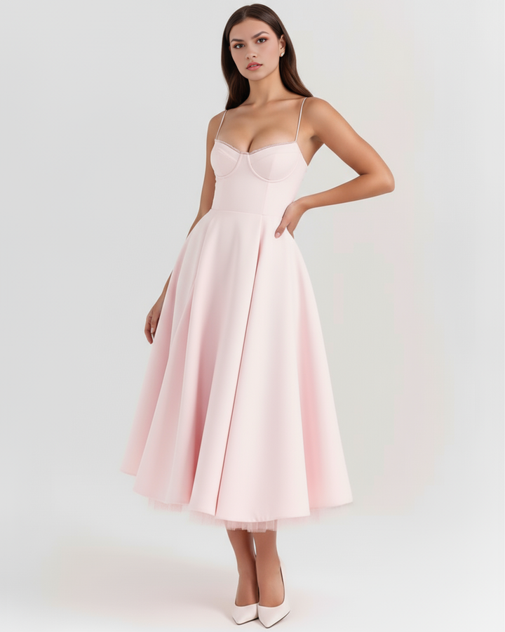 Selene – Blush-pinkes Midikleid mit Tülllagen und versteckten Taschen