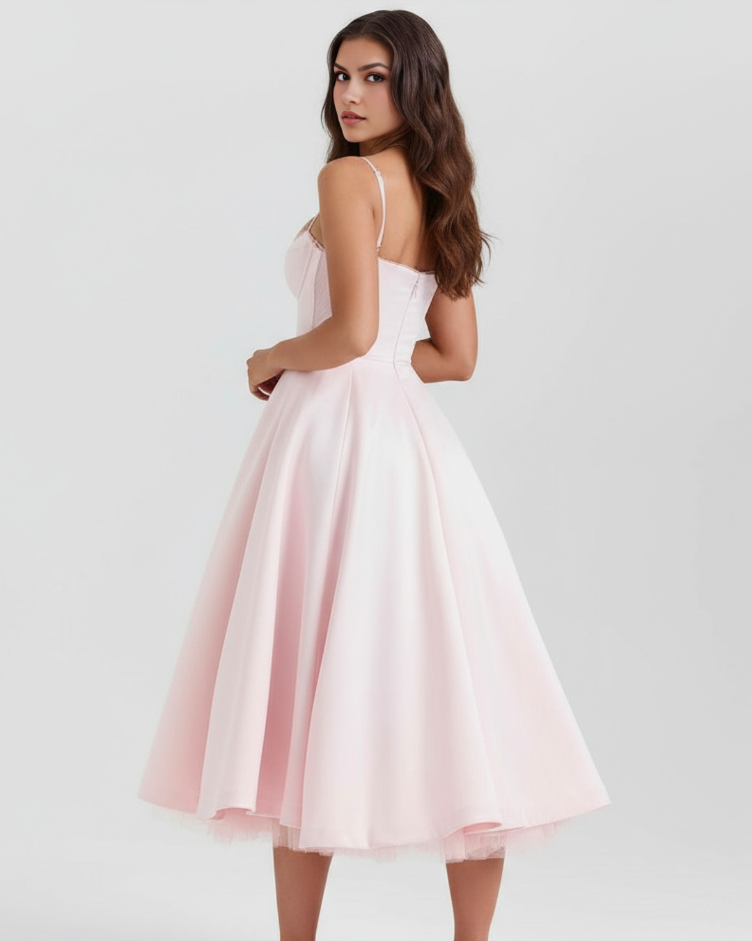 Selene – Blush-pinkes Midikleid mit Tülllagen und versteckten Taschen