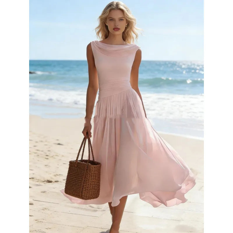 Chloé - Ärmelloses Midi-Kleid mit drapiertem Ausschnitt und Falten.