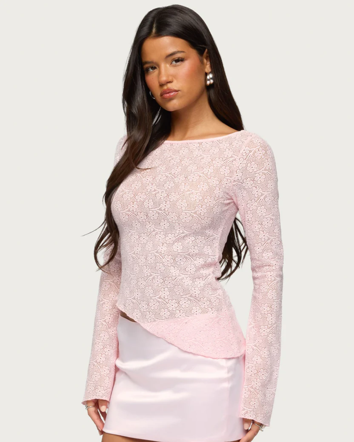 Imara - Asymmetrisches Transparentes Spitzen-Top mit Schmucksteinen