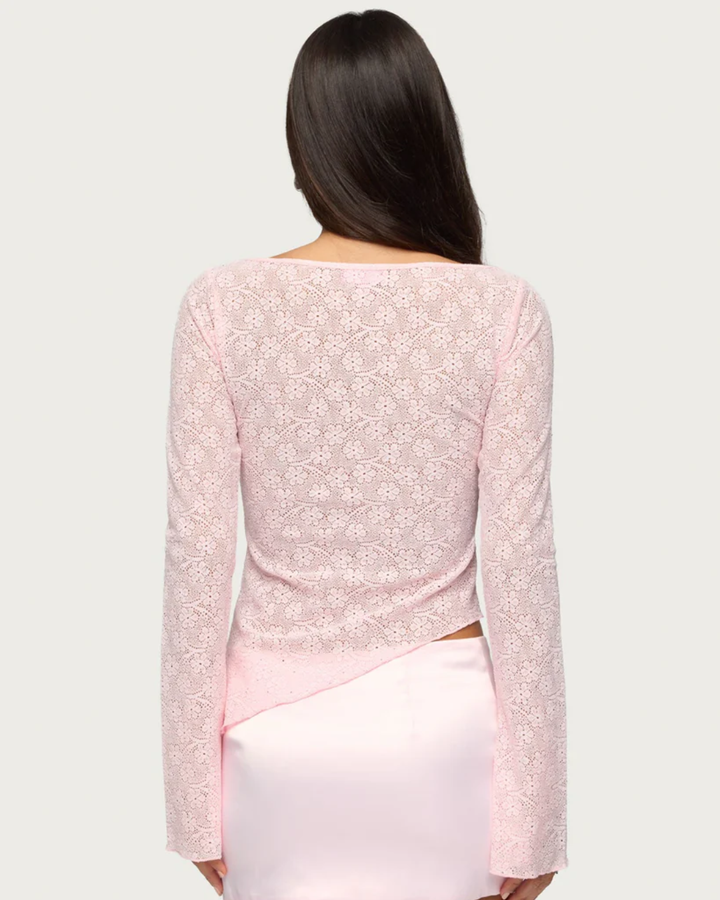 Imara - Asymmetrisches Transparentes Spitzen-Top mit Schmucksteinen