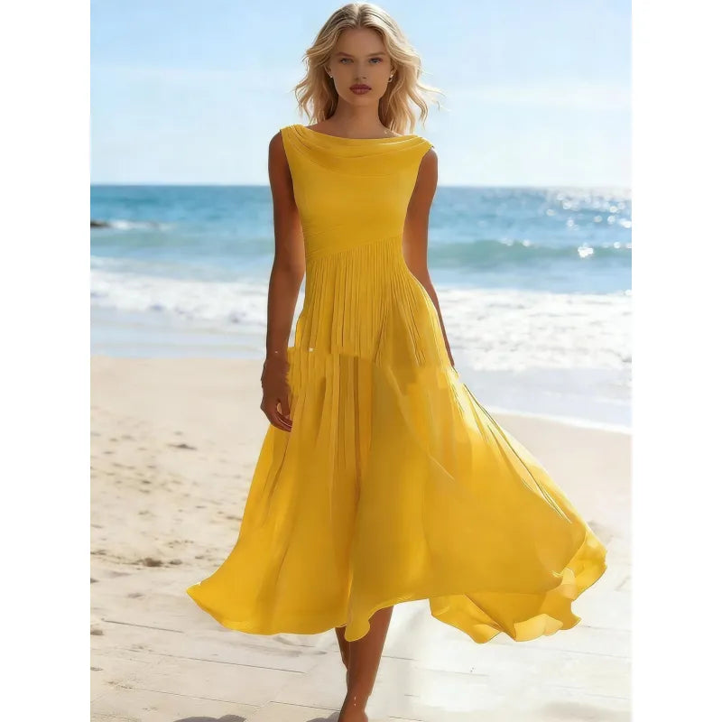 Chloé - Ärmelloses Midi-Kleid mit drapiertem Ausschnitt und Falten.