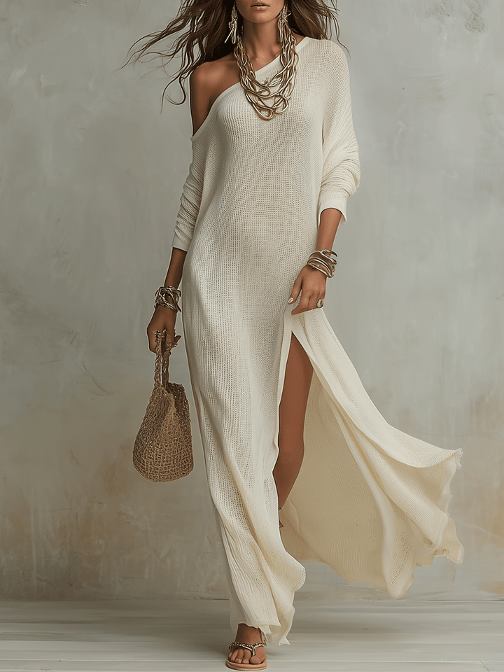 Gigi – Bohemianisches Maxi-Kleid mit One-Shoulder-Design und strukturierter Oberfläche
