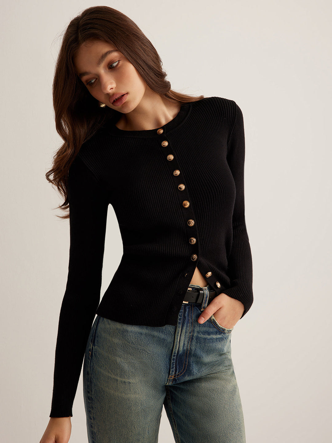 Gabrielle - Skinny-Strickoberteil mit Knopfleiste