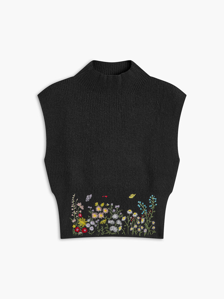 Gina – Strickweste mit Stehkragen und Blumenstickerei