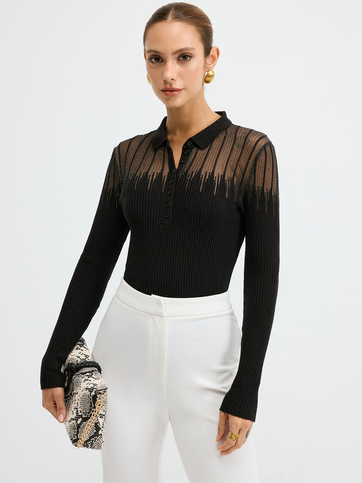 Esther – Polo-Strickoberteil mit transparentem Einsatz und Glitzer-Details