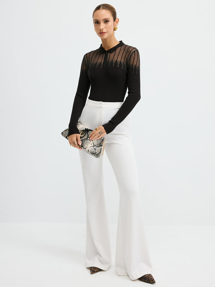 Esther – Polo-Strickoberteil mit transparentem Einsatz und Glitzer-Details
