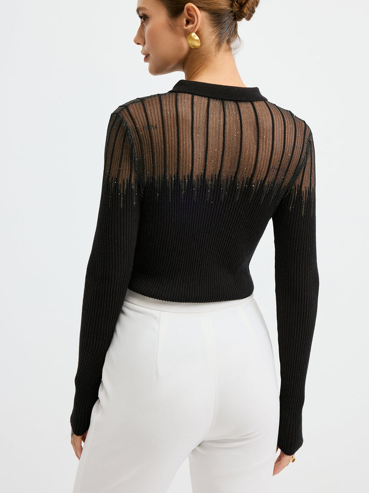 Esther – Polo-Strickoberteil mit transparentem Einsatz und Glitzer-Details