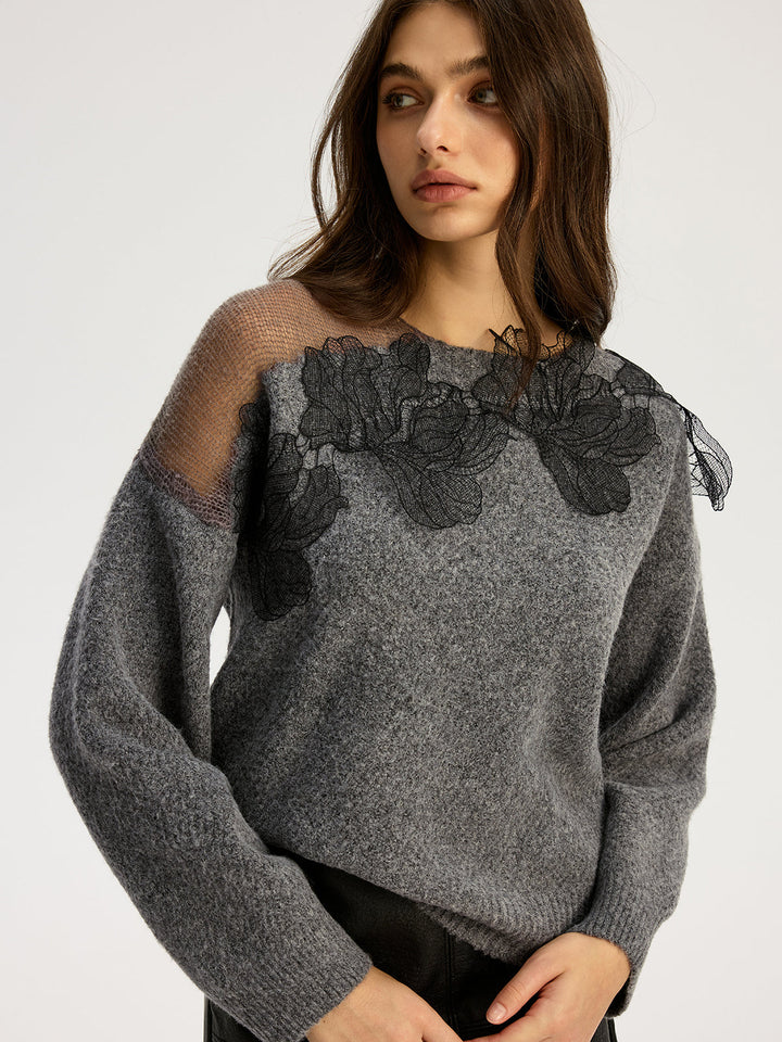 Erika – Pullover aus floraler Spitze, halbtransparent, mit Rundhalsausschnitt