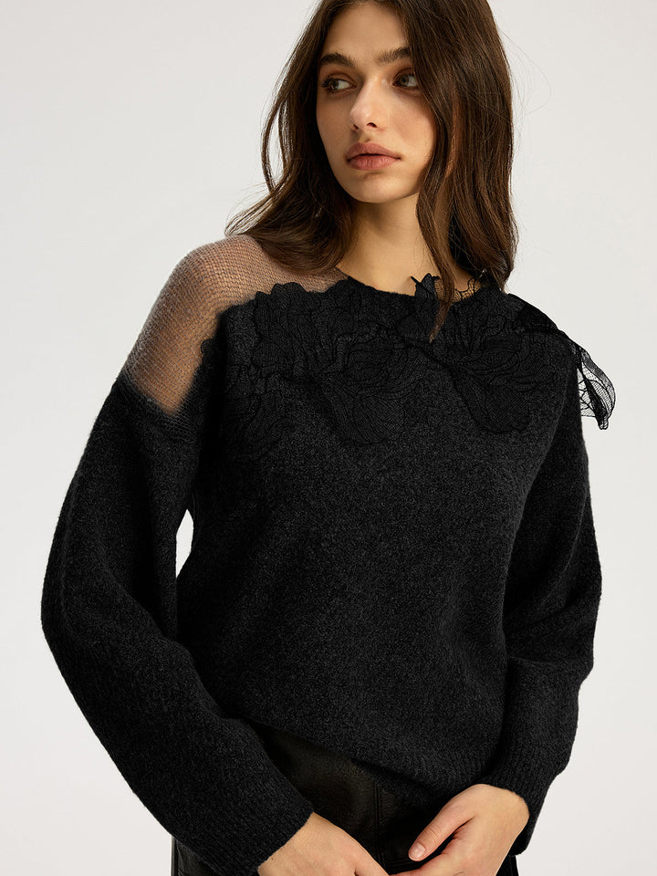 Erika – Pullover aus floraler Spitze, halbtransparent, mit Rundhalsausschnitt