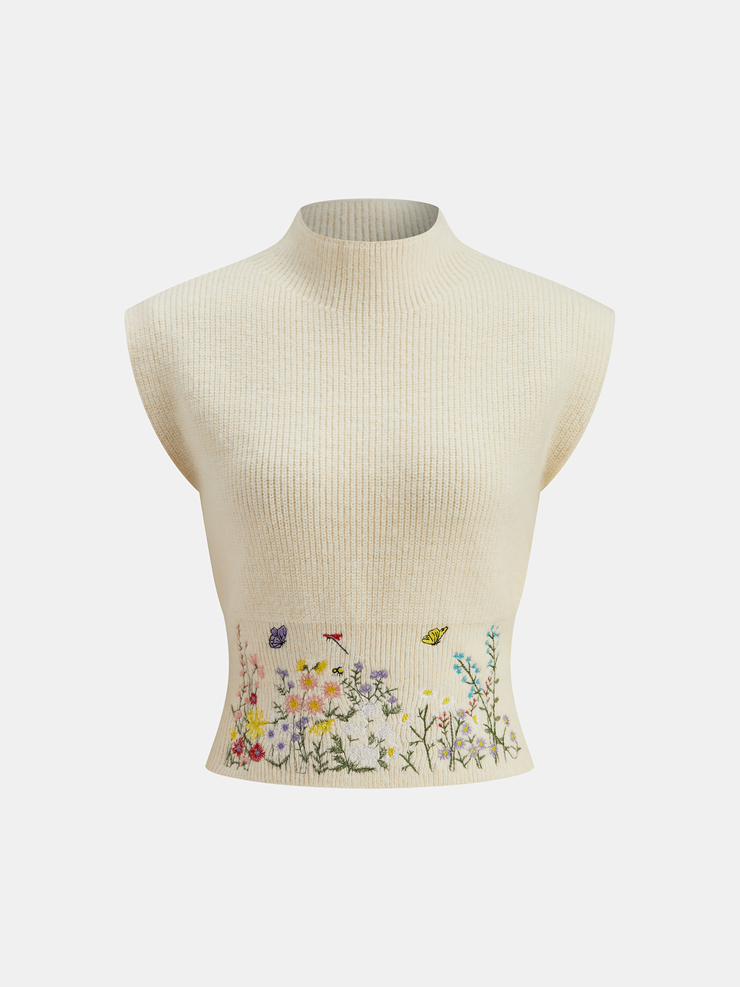 Gina – Strickweste mit Stehkragen und Blumenstickerei