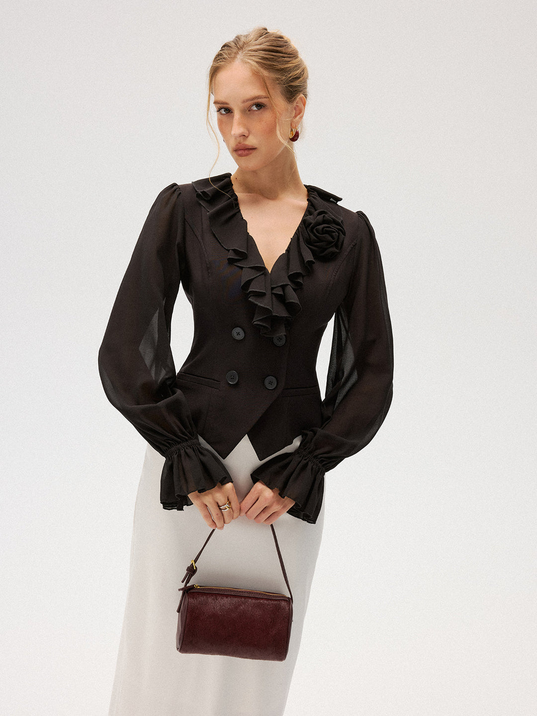 Kaya – Bluse aus Chiffon mit Rüschen und doppelter Knopfleiste