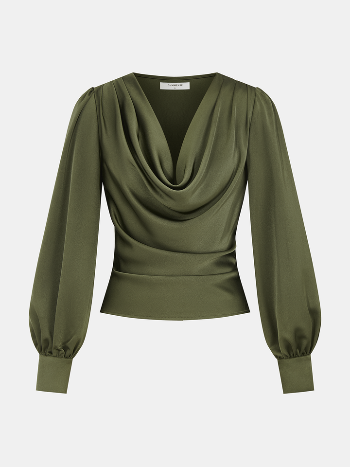 Merle - Satin Cowl-Neck Long Sleeve Blouse