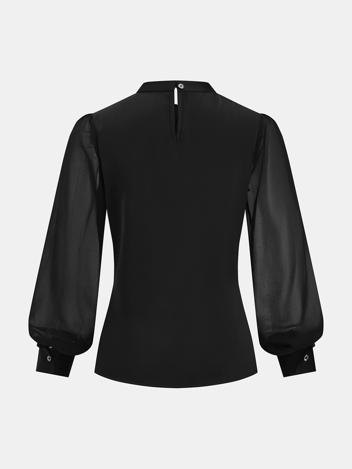 Thea – Satinbluse mit transparenten Ärmeln und gedrehter Vorderseite