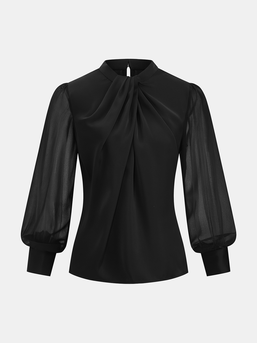 Thea – Satinbluse mit transparenten Ärmeln und gedrehter Vorderseite