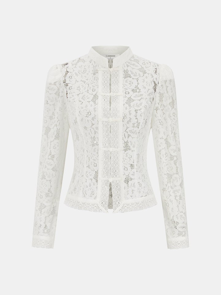 Saskia – Bluse mit Mandarin-Kragen und Schnürverschluss