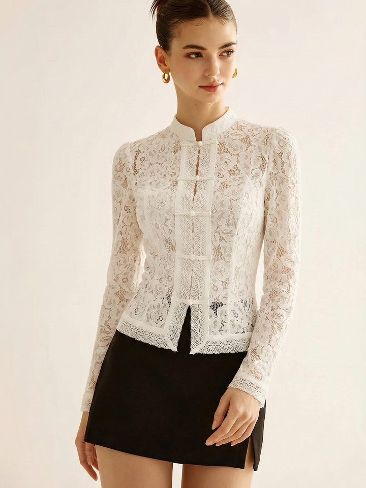 Saskia – Bluse mit Mandarin-Kragen und Schnürverschluss