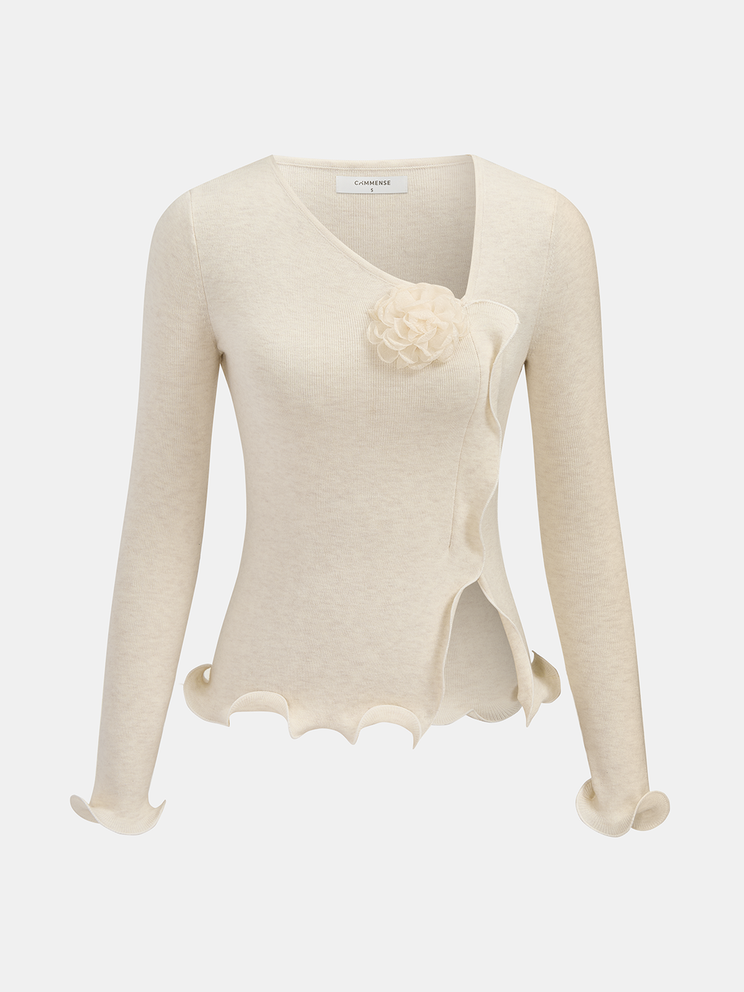 Jessica – Strickoberteil mit 3D-Blumenmuster und gerüschtem Saum