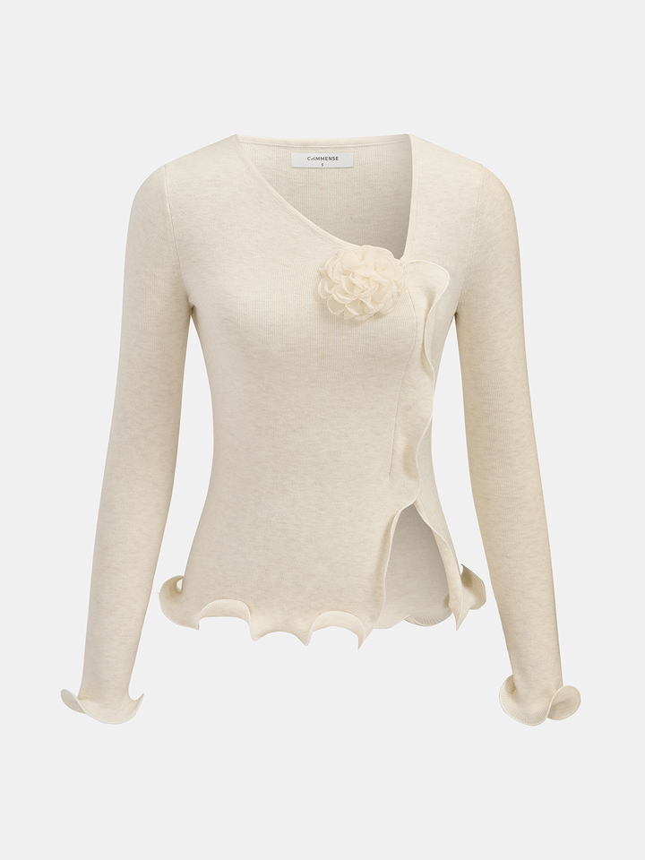 Jessica – Strickoberteil mit 3D-Blumenmuster und gerüschtem Saum