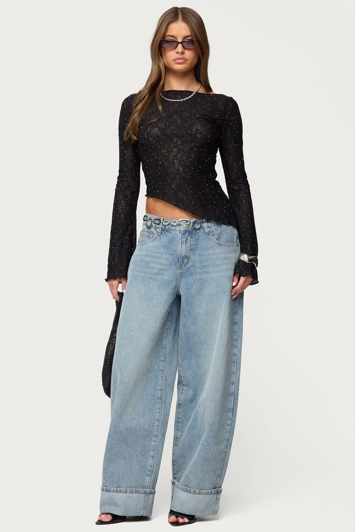 Imara - Asymmetrisches Transparentes Spitzen-Top mit Schmucksteinen