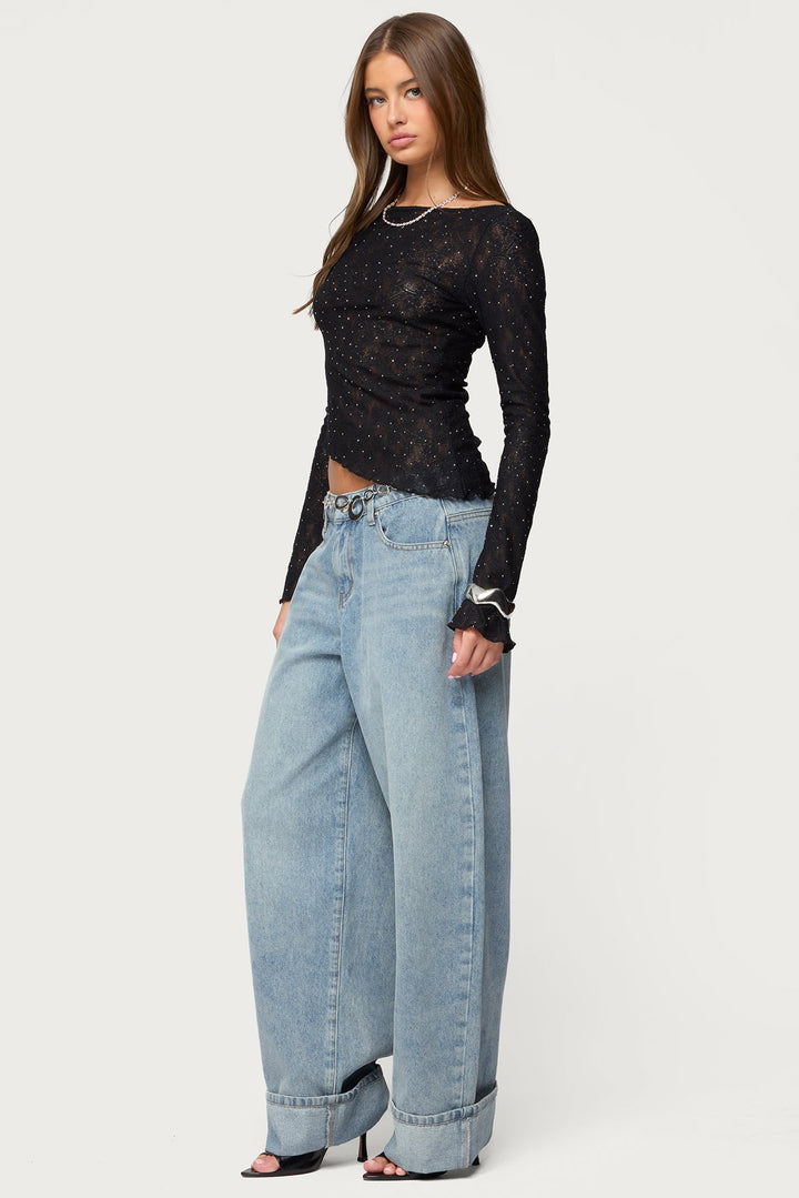 Imara - Asymmetrisches Transparentes Spitzen-Top mit Schmucksteinen