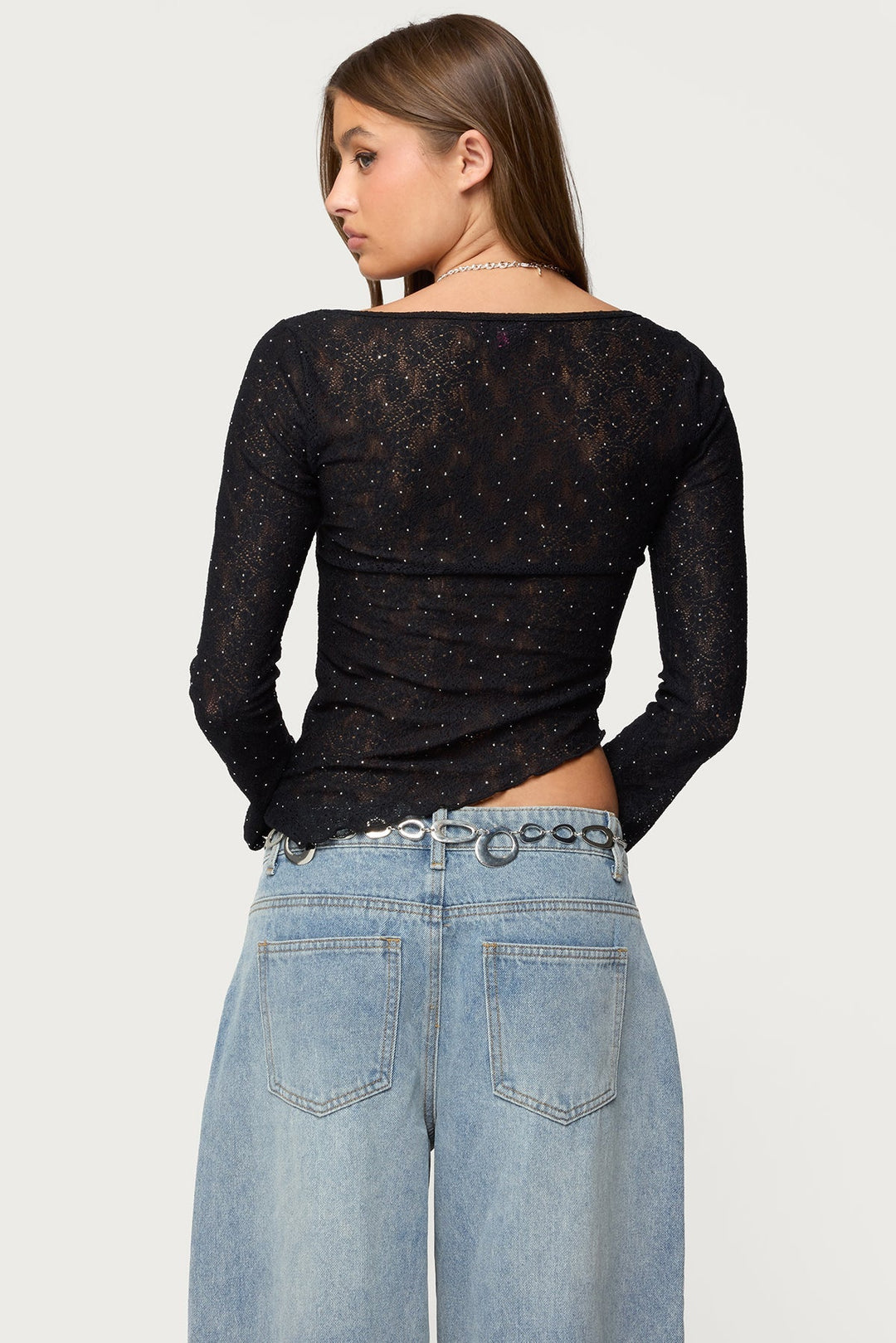 Imara - Asymmetrisches Transparentes Spitzen-Top mit Schmucksteinen