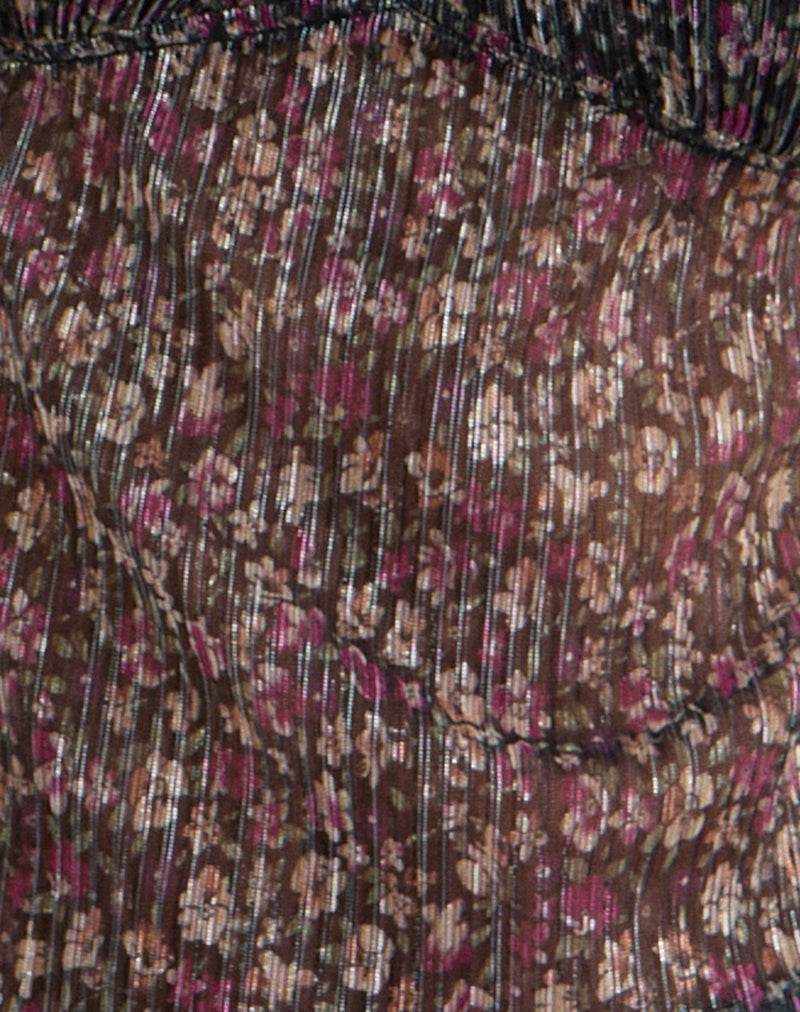 Pharita – V-Ausschnitt-Top in Ditsy Floral Plissé in Anthrazit