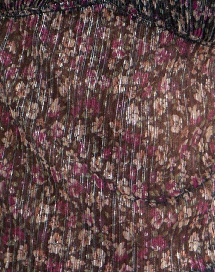 Pharita – V-Ausschnitt-Top in Ditsy Floral Plissé in Anthrazit
