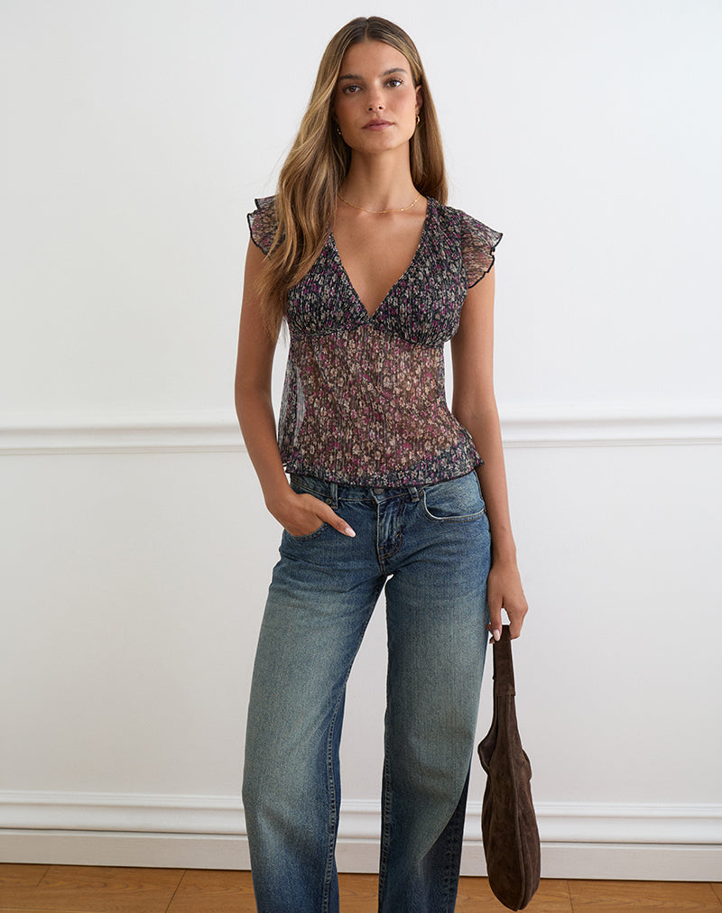 Pharita – V-Ausschnitt-Top in Ditsy Floral Plissé in Anthrazit
