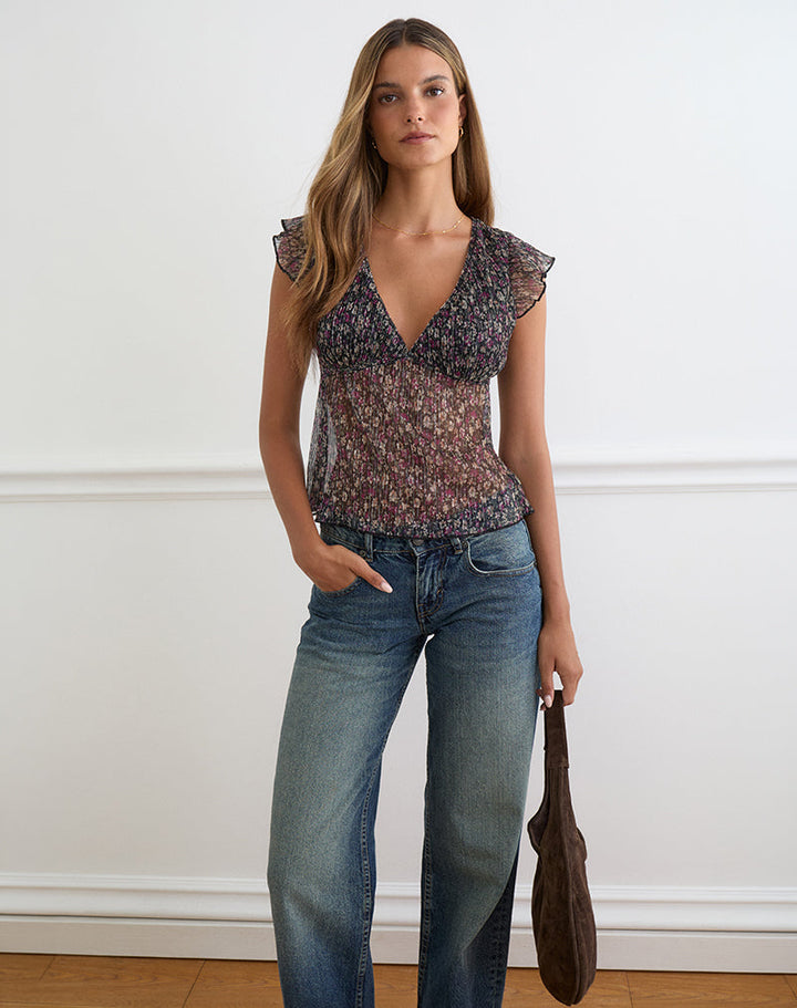 Pharita – V-Ausschnitt-Top in Ditsy Floral Plissé in Anthrazit