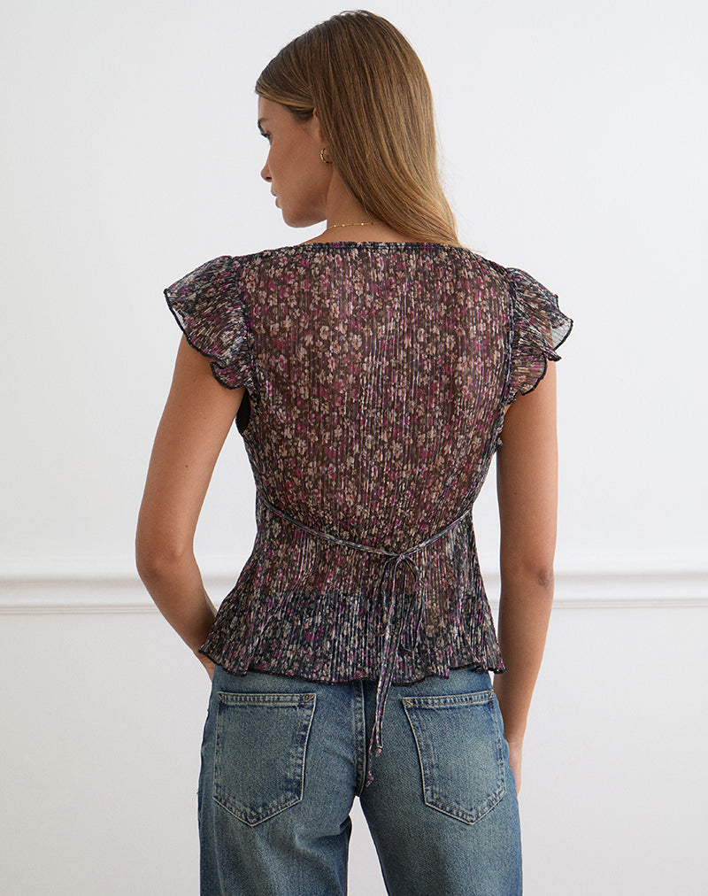 Pharita – V-Ausschnitt-Top in Ditsy Floral Plissé in Anthrazit