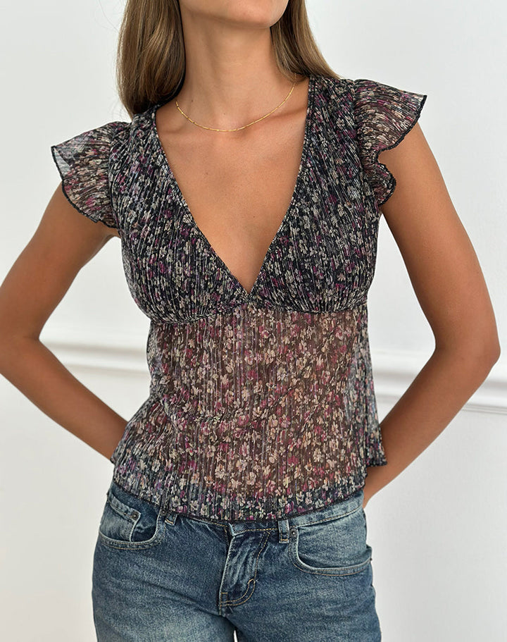 Pharita – V-Ausschnitt-Top in Ditsy Floral Plissé in Anthrazit