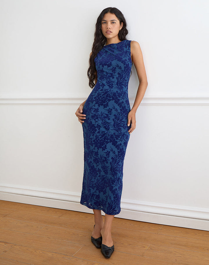 Julia – Ventura Maxikleid in Navy mit Midnight Leaf Flock-Print