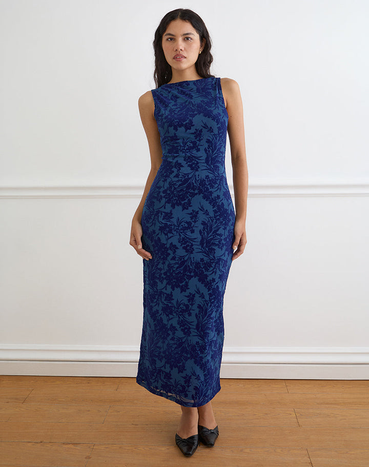 Julia – Ventura Maxikleid in Navy mit Midnight Leaf Flock-Print