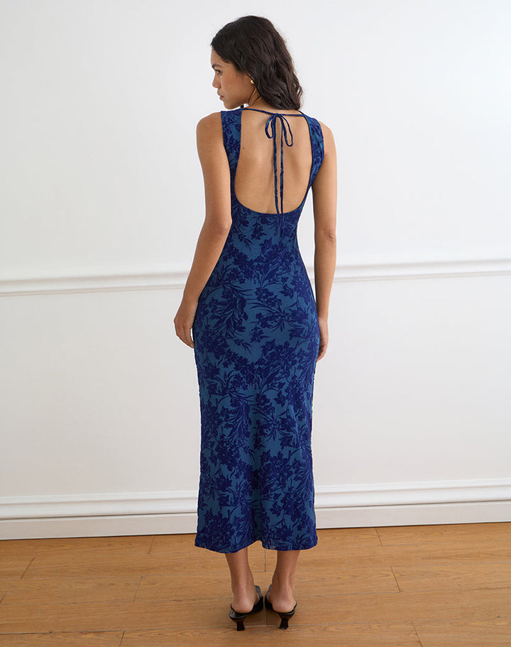 Julia – Ventura Maxikleid in Navy mit Midnight Leaf Flock-Print