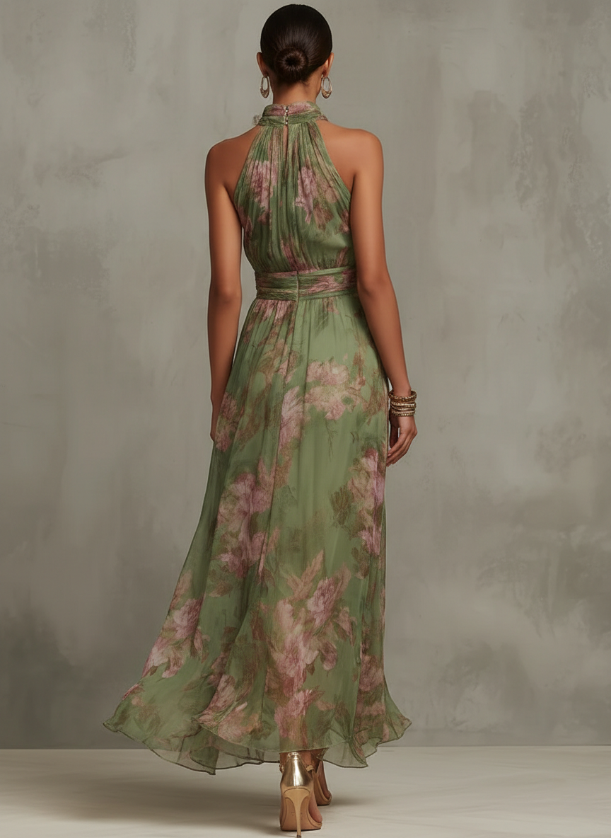 Marit - Grünes geblümtes Chiffon-Maxikleid mit Neckholder