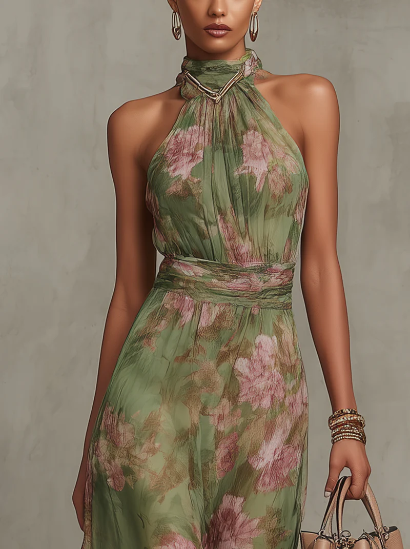 Marit - Grünes geblümtes Chiffon-Maxikleid mit Neckholder