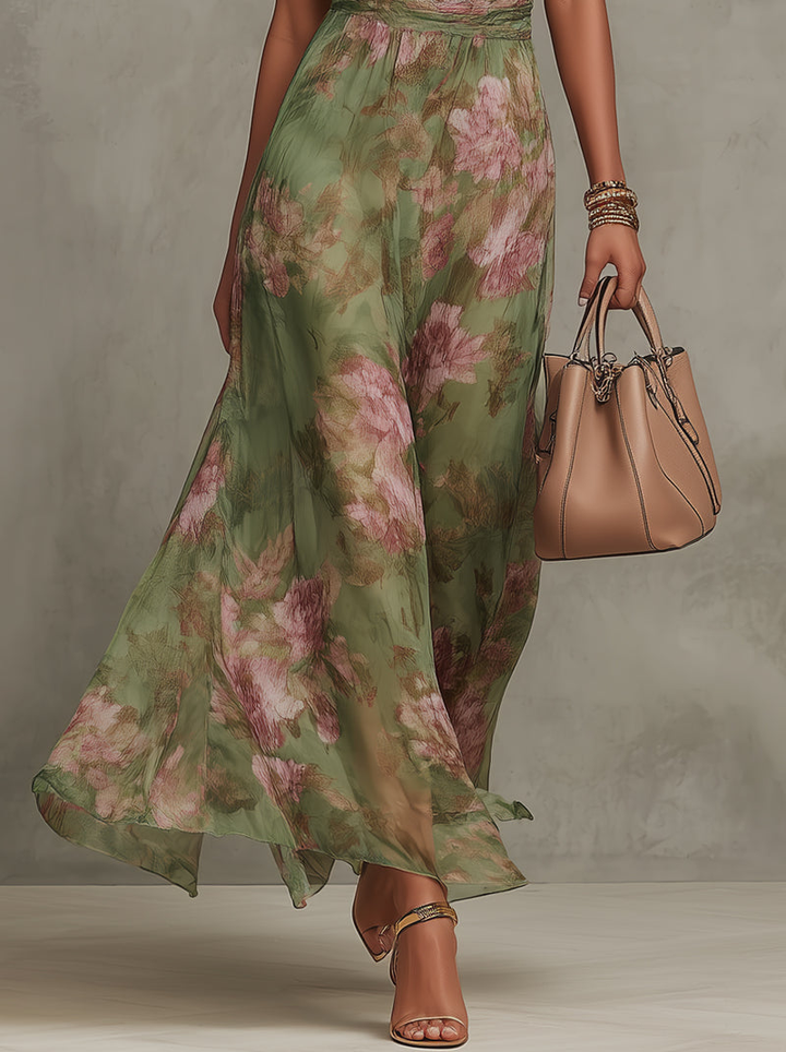 Marit - Grünes geblümtes Chiffon-Maxikleid mit Neckholder
