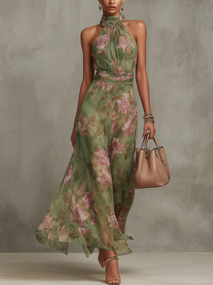 Marit - Grünes geblümtes Chiffon-Maxikleid mit Neckholder