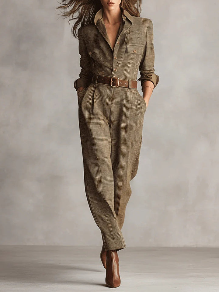 Zoë - Verfeinerter Utility-Jumpsuit mit Karomuster in Tweed-Optik.