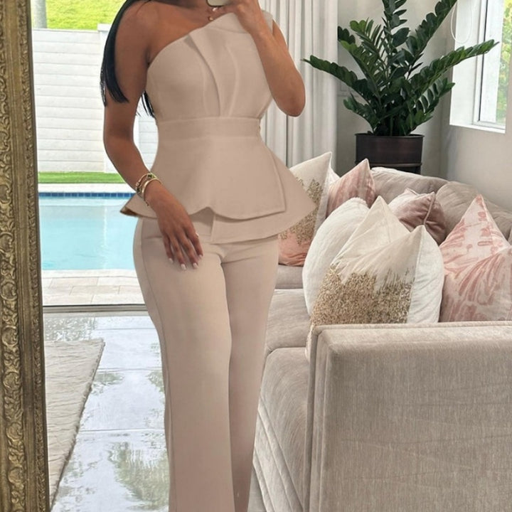 Color Blocking Shoulder Solid Color Suit Casual Straight Pants Suit