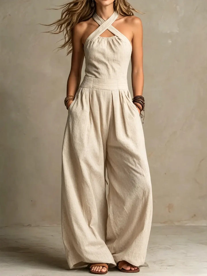 Bianca | Eleganter Jumpsuit aus Leinen und Baumwolle mit gekreuztem Ausschnitt