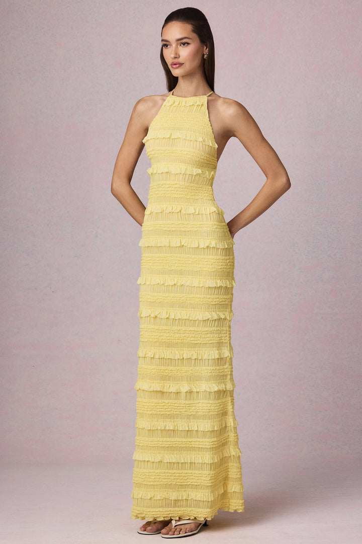 Elisa – Rückenfreies Maxikleid mit Neckholder in Zitronengelb
