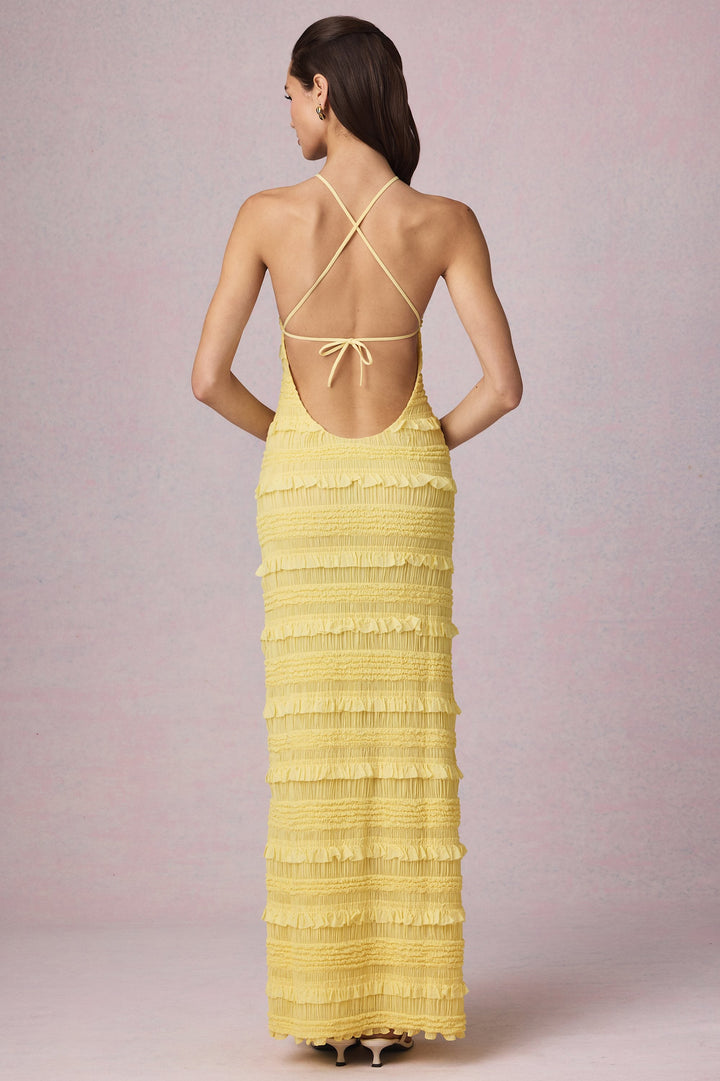 Elisa – Rückenfreies Maxikleid mit Neckholder in Zitronengelb